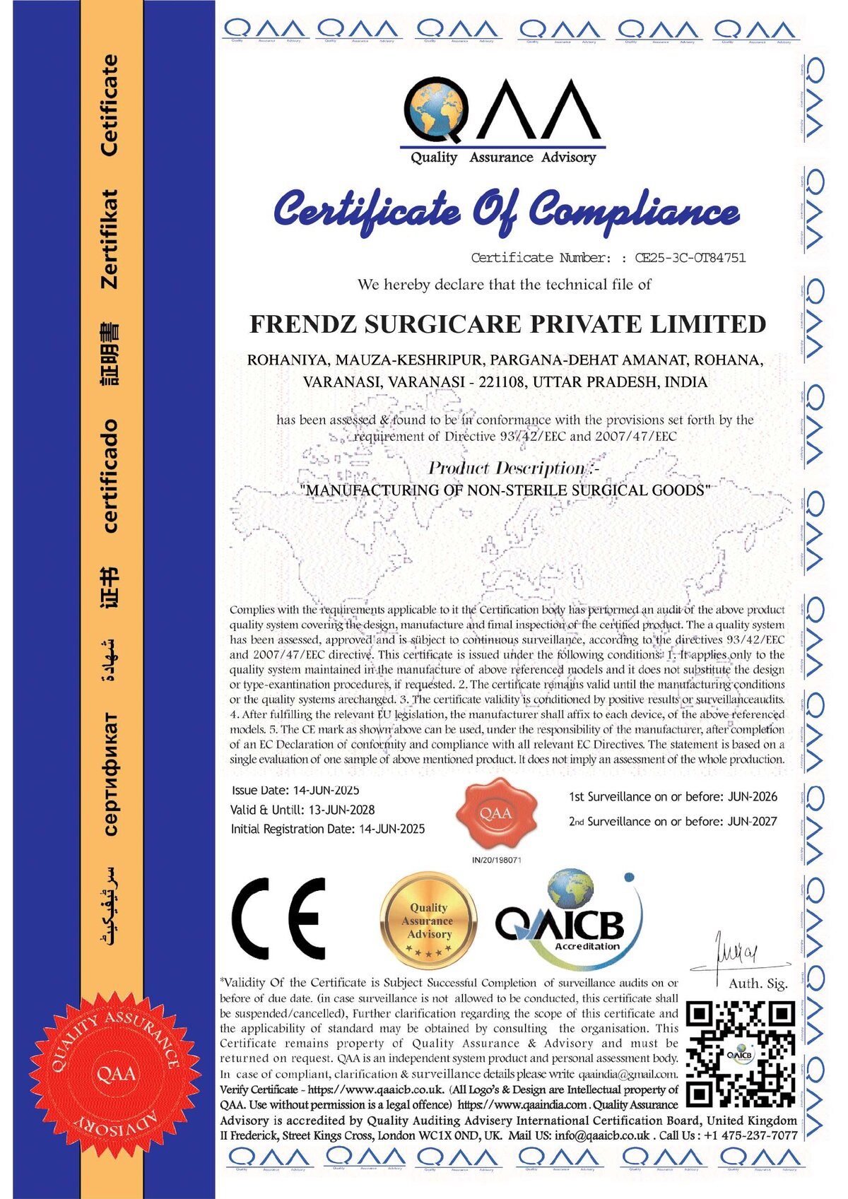 CE Certificate of Compliance - Frendz Surgicare Private Limited