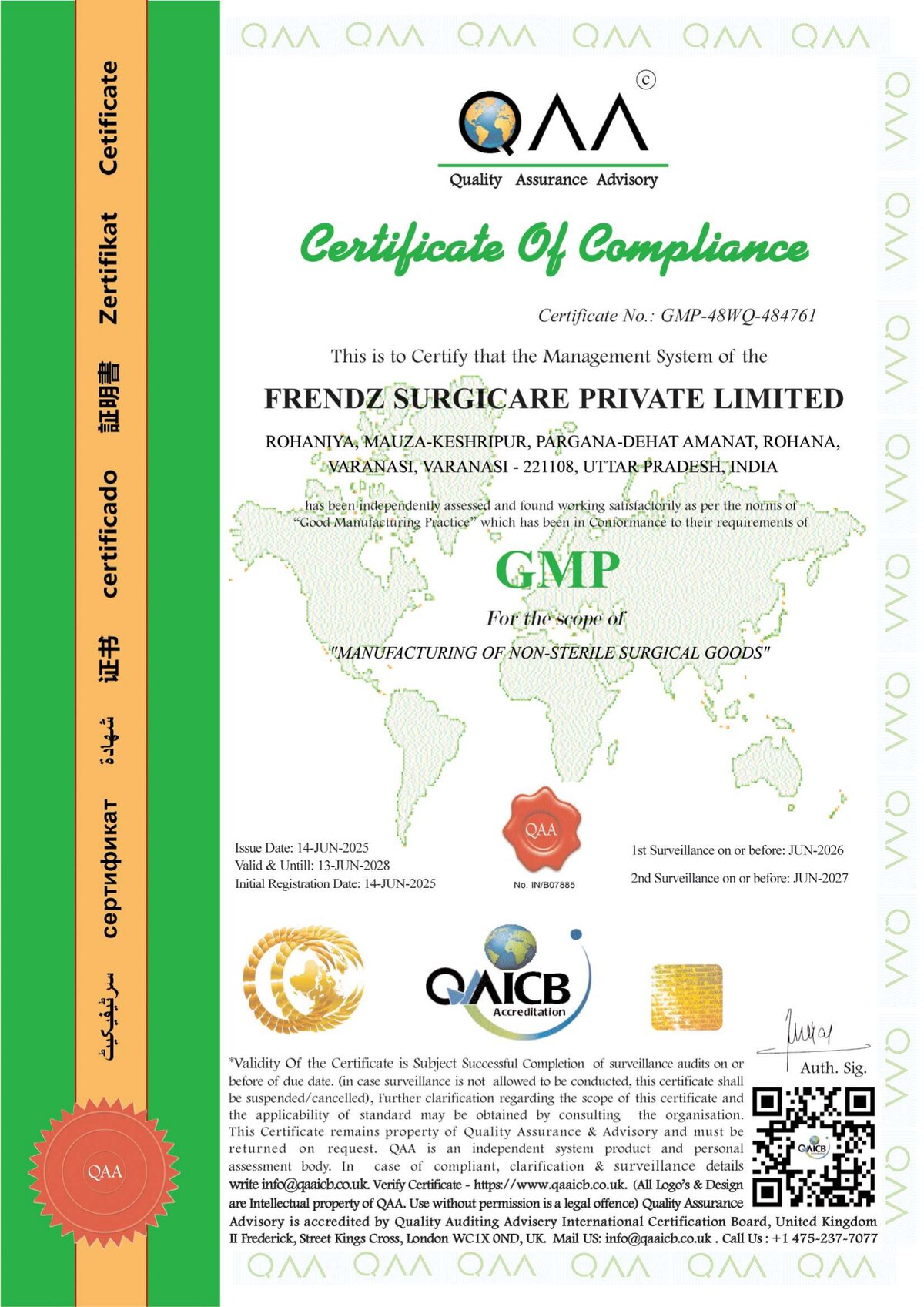 GMP Certificate of Compliance - Frendz Surgicare Private Limited