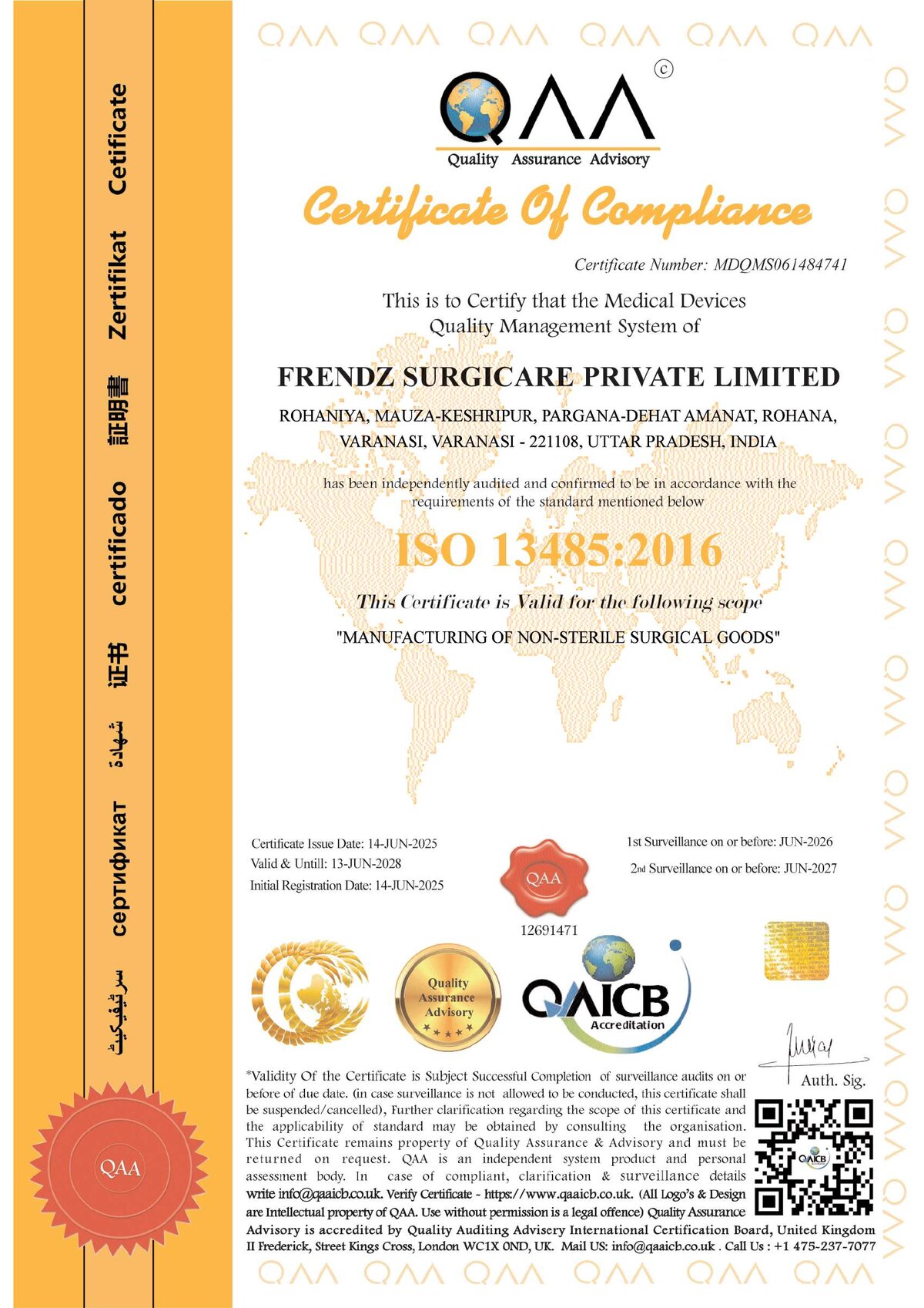 ISO 13485:2016 Certificate - Frendz Surgicare Private Limited
